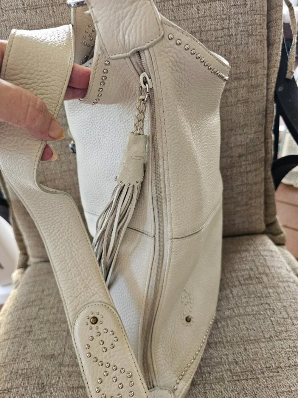 Brighton White Pebbled Leather Studded Hobo Shoulder Bag Heart Charm